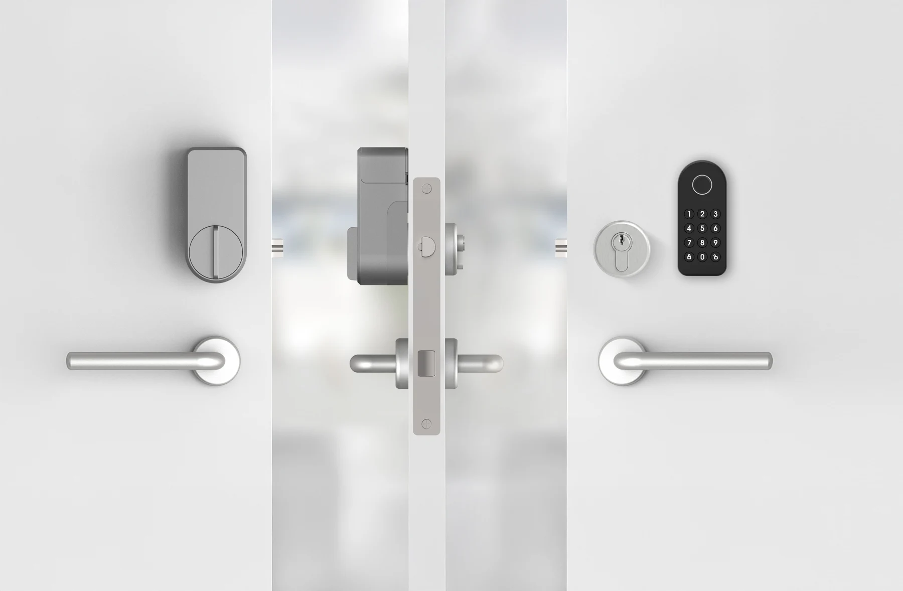 Easy Fit: inside, side and outside views of an installed lock and keypad