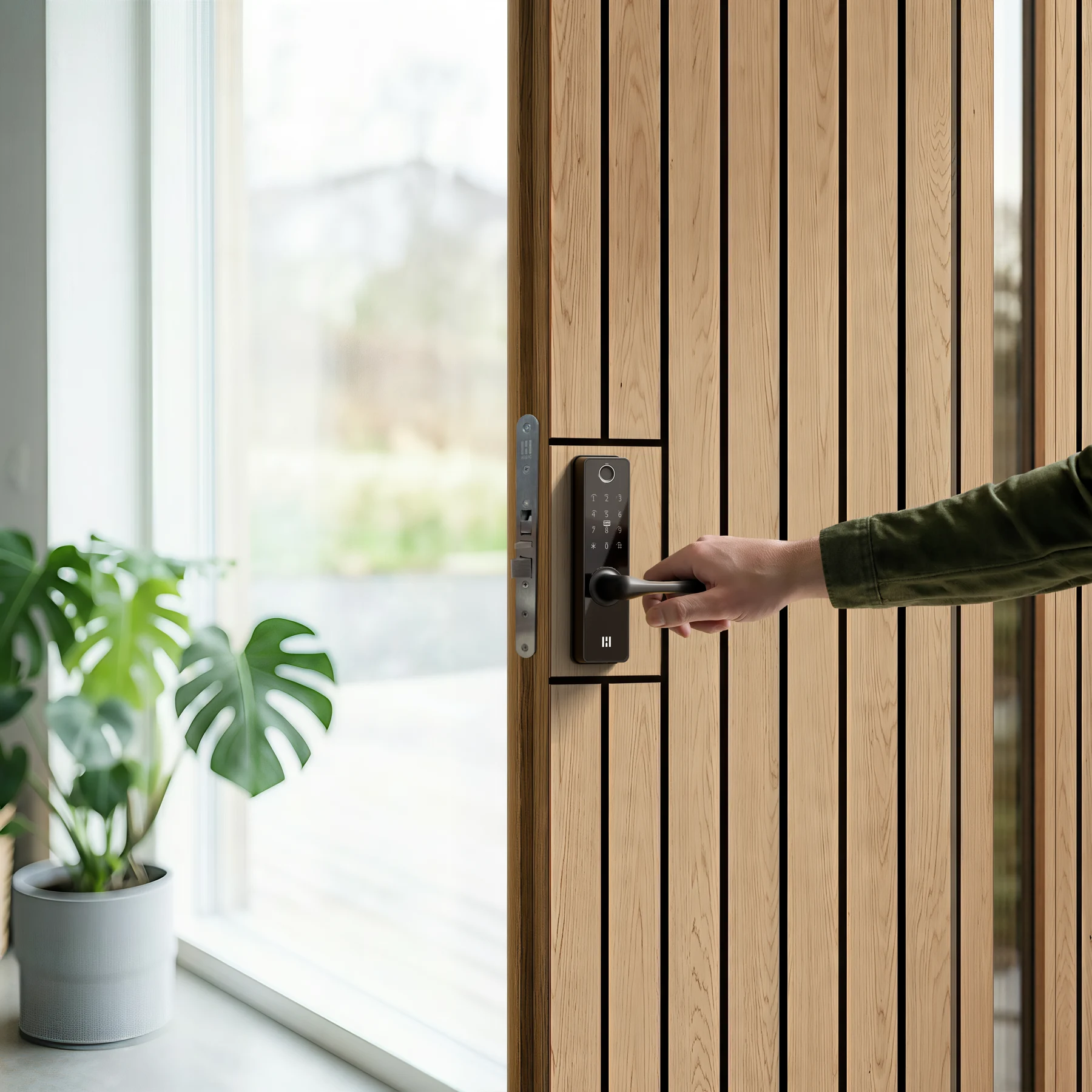 Smart Lock Fingerprint on an open timber door