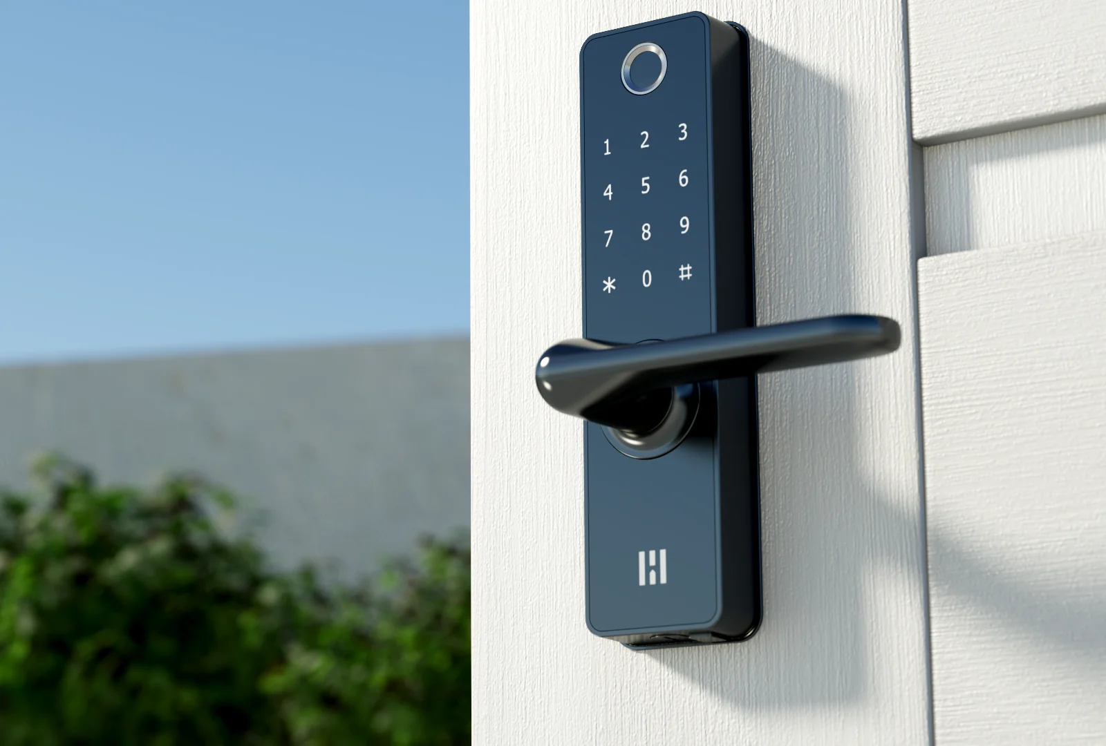 Heimgard Smart Lock Fingerprint on a white door beneath a blue sky